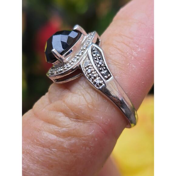 Vintage Solid Sterling Silver Emerald Cut Teardrop/Pear Black Onyx Ring, Sz 6.75 - Picture 6 of 8